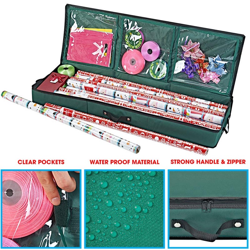 Primode Wrapping Paper Storage Container | Gift Wrap Organizer Under Bed | 41â€x14â€x6â€ | Box Holder for 18-24 Rolls Up to 40â€ | 600D Oxford Material | Pockets for Ribbon, Bows, and Accessories (Green) - Image 4